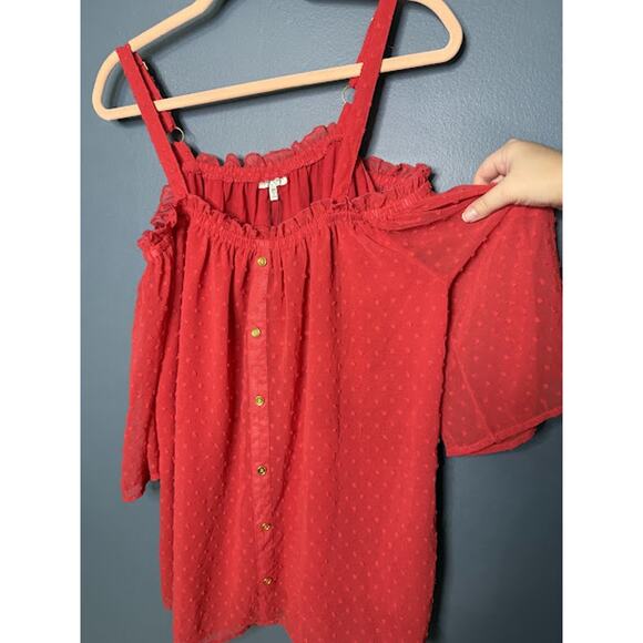 NWT Speed Limit Coral Polka Dot Off the Shoulder Bell Sleeve Accent Button Flowy - Picture 3 of 10